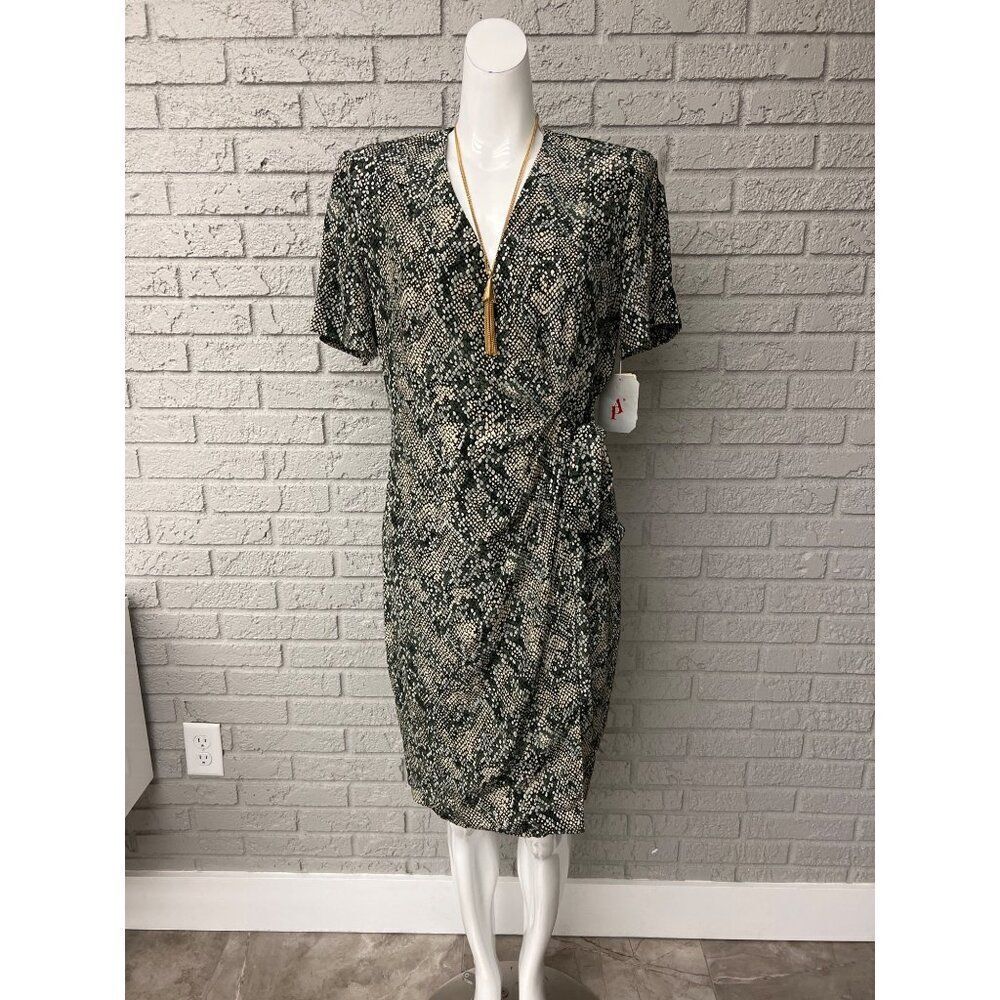 Adrianna Papell Women 100% Silk Green Snake Print Short Sleeve Wrap Dress Size 8